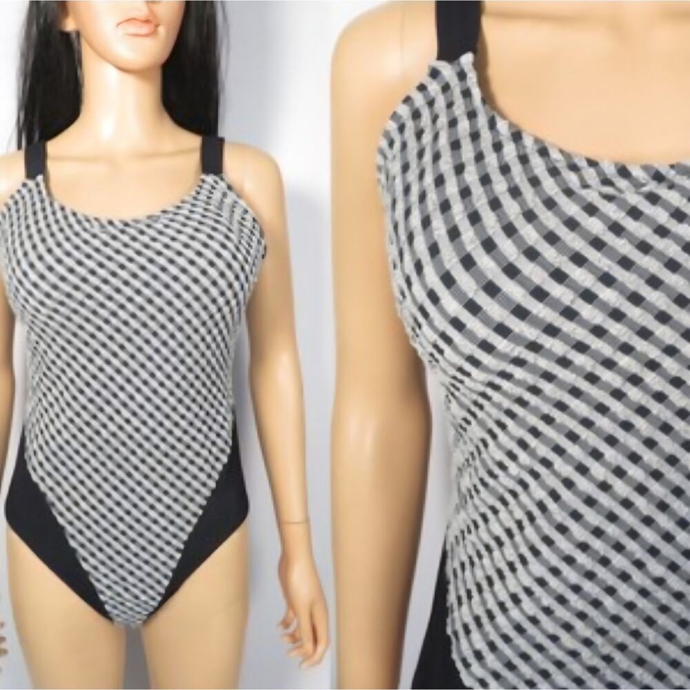 Vintage 90s Jantzen Textured Plaid Black & White One Piece Swimsuit Size Large L